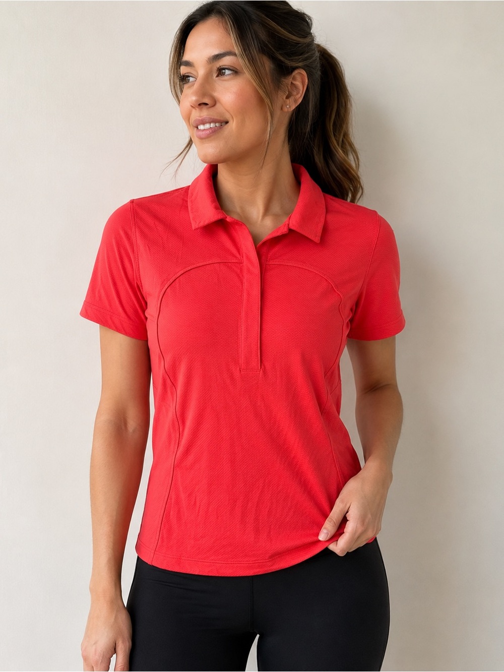 Lululemon Women Red Short Sleeve Athletic Polo Top Estimated Size 6 Tennis Golf